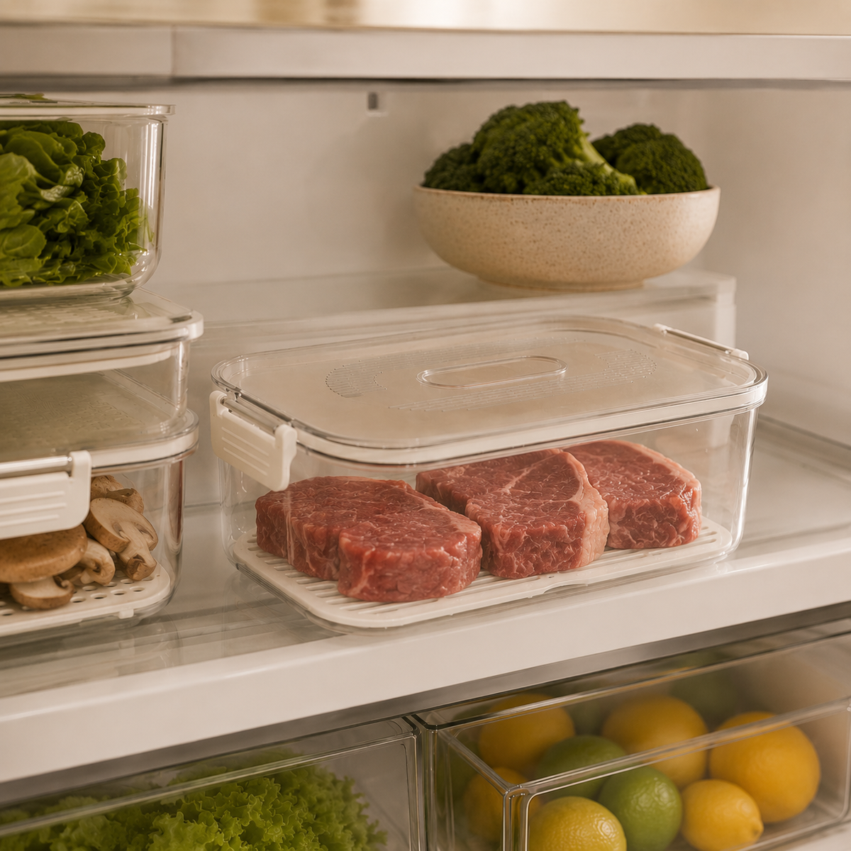 Recipientes apilables para conservar alimentos en la nevera.