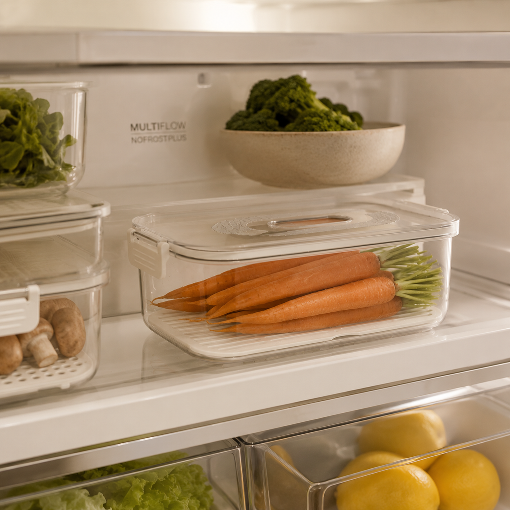Recipientes apilables para conservar alimentos en la nevera.
