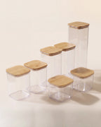 Set x7 de recipientes Vibento en ángulo, tapas de bambú natural y cuerpo transparente